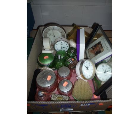 TWO DRESSING TABLE SETS, various clocks, GEC Thermometer etc