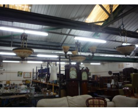 A PAIR OF MODERN BRASS HANGING CENTRE LIGHTS, and a similar three branch centre light (3)