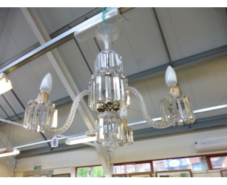 A VENETIAN STYLE THREE LIGHT CHANDELIER, three tiers of lustres, barley twist scrolling light supports, 60cm diameter