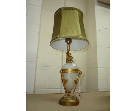 AN EMPIRE STYLE ALABASTER GILT METAL MOUNTED URN AND COVER, now mounted as a lamp base