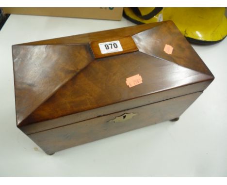 A GEORGE III MAHOGANY TEA CADDY, of sarcophagus form, enclosing hinge covered boxes and glass mixing bowl