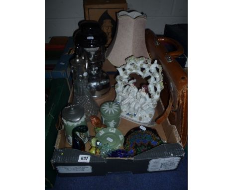 VARIOUS CERAMICS, BOXED LAMP, BRIEFCASE, CLARET JUG, etc