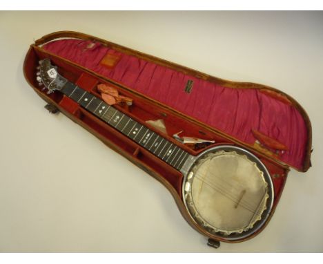 A S. ROSE BOMBAY SEVEN STRING BANJO, constructed from aluminium neck and back, with ebony fingerboard and mother of pearl flo