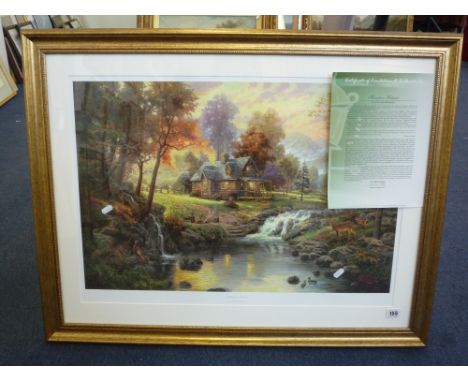 THOMAS KINKADE, (American, 20th Century), Limited Edition print 'Mountain Retreat', landscape with log cabin, number 30 of 49