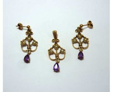 TWO ITEMS OF JEWELLERY, the first a pearl and amethyst pendant with flower detail together with matching earrings, hallmarks 