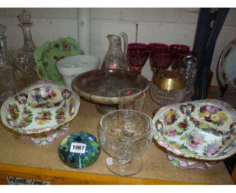 VARIOUS GLASS AND CERAMICS, including an Isle of Wight paperweight, six ruby etched glasses etc