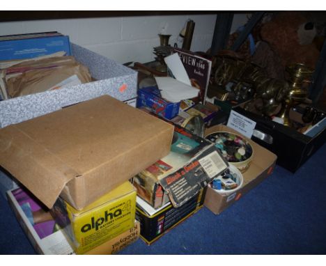FIVE BOXES AND LOOSE SUNDRY ITEMS, oil lamp, buttons, tools, records, books etc