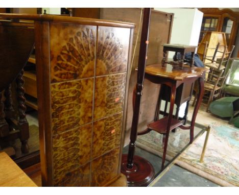 A MAHOGANY OCCASIONAL TABLE, tile topped coffee table, tea trolly, standard lamp etc (5)