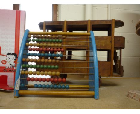 A SCRATCHBUILT WOODEN MODEL OF A BIRMINGHAM CORPORATION TRAM CAR, c.1930's, length 50cm, with a Chad Valley Toddler abacus (2