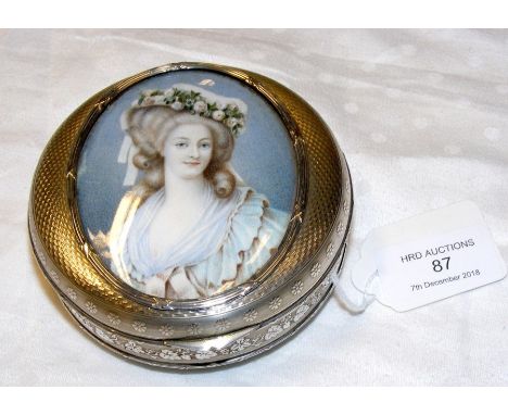 A fine continental circular silver box (tests 825), having gilt interior, the lid with inset portrait of Madam de Lamballe on