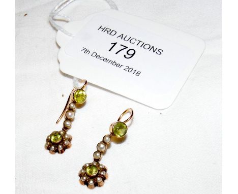 A pair of elegant green stone and seed pearl earrings CONDITION REPORT9ct marked, 2cm in length , good condition