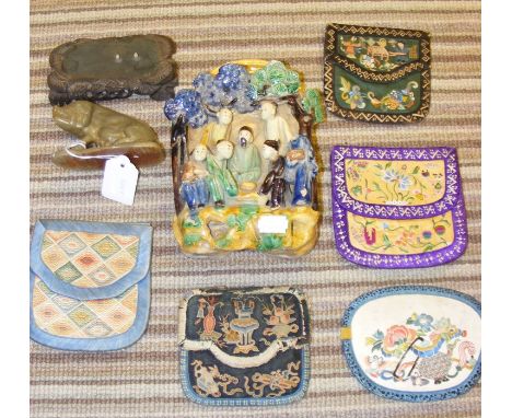 Old silk embroidered oriental purses, ceramic wall pocket and carved pig on stand 