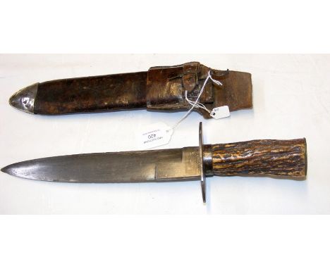 An old horn handled Bowie knife with leather scabbard - 38cm long CONDITION REPORTwear as per pics