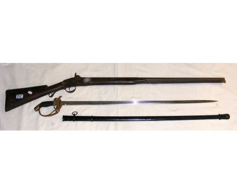 A German Officer's sword with metal scabbard, together with an old rifle CONDITION REPORTMOVING PARTS OF GUN ARE STIFF, BARRE