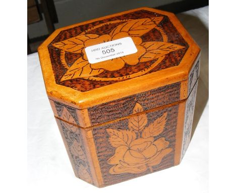 Octagonal tea caddy with stipple work decoration - 12cm high 