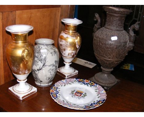 Various collectable ceramic ware, including a pair of vases, French Rouen plate, etc. 