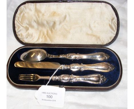 A silver knife, fork and spoon set in presentation case 