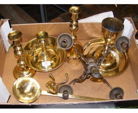 Various antique metal ware, including a chamber stick, candlesticks, etc. 
