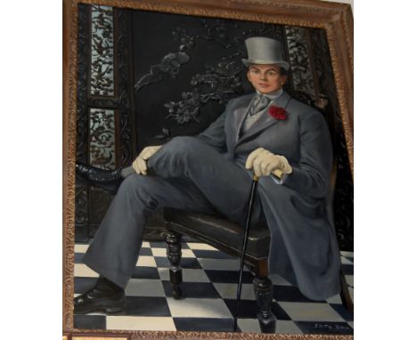 Edith Todd - portrait of a seated gentleman wearing a top hat, oil on canvas, signed lower right with James Bourlet of London