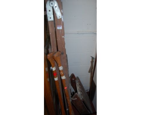 A pine decorator's ladder, together with a pine sleigh, a pair of rowing oars, walking stick, etc (6)