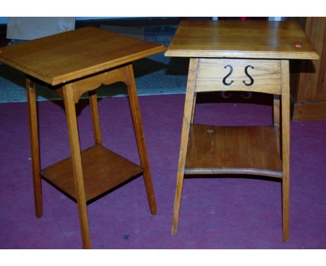 An Arts & Crafts light oak square section two tier occasional table and one other similar (2) 