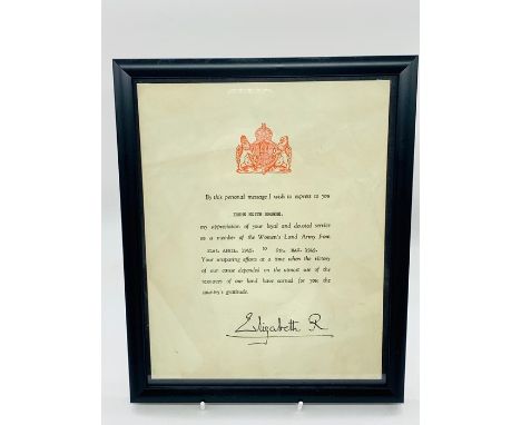A Personal Message, signed Elizabeth R to an Irene Edith Browne for her service in the Women's Land Army