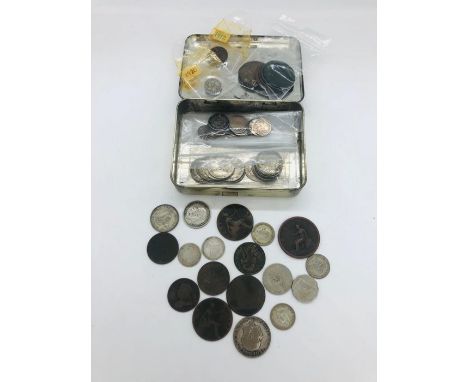 Quantity of old British coins in tin, including 1807 penny, silver shillings, sixpences , and others some Victorian, all circ