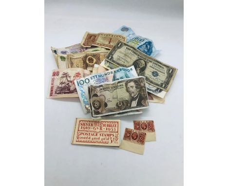 Quantity of banknotes, including USA silver certificate dollar, Canadian, and some 1935 silver jubilee stamps etc 