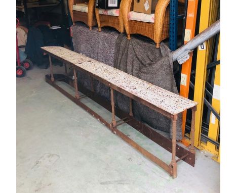 A Long cast iron Victorian potting shelf on base (H70cm W330cm D33cm)