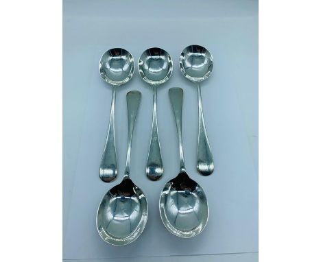 A selection of five silver soup spoons, makers mark ASP co 