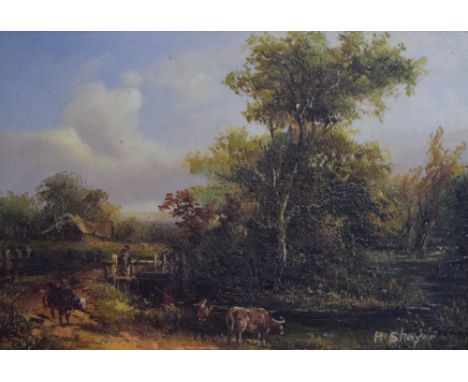 After Henry Shayer (19th Century, British), oleograph, A pastoral landscape depicting cattle by a stream, signed in print to 