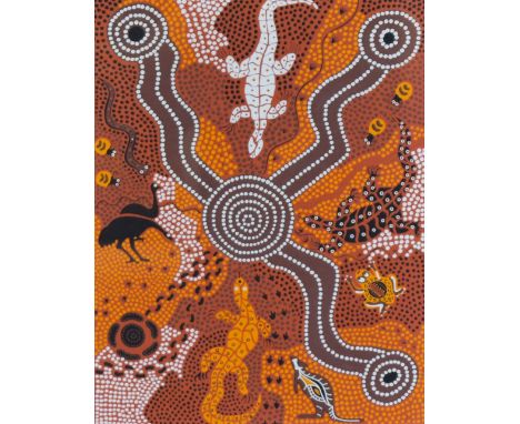 After Linda Brown Nabanunga (Australian Aboriginal), coloured print, 'Water Hole Dreaming', dotwork, framed, and under glass,