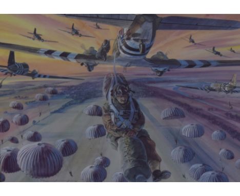Artist Unknown (20th Century), coloured print, A World War II parachutist, signed indistinctly to the lower left, framed, mou