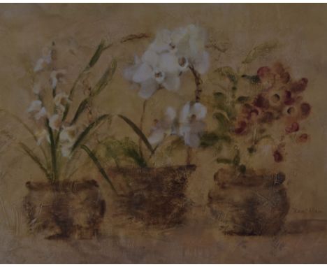 Artist Unknown (20th Century), an oil on canvas, A still life depicting a vase of flowers against a neutral background, signe