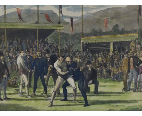 After Basil Bradley (1842-1904), coloured print, 'Westmoreland Sports - Heavy Wrestling, Grasmere', framed, mounted, and unde