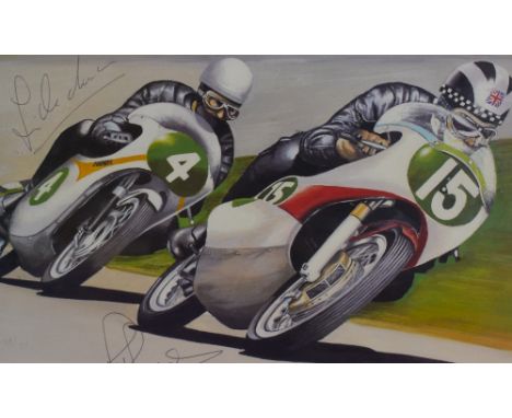 After Jim Blanchard (20th Century, British), coloured print, 'Duel in the Sun', 1964 Dutch Grand Prix, Motorsport, with signa