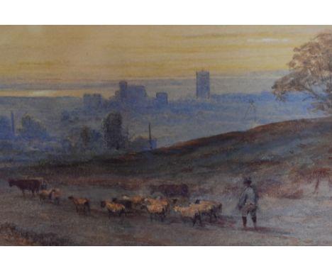 Artist Unknown, 19th/20th Century, watercolour, A shepherd directing his flock with a sprawling cityscape beyond, all under w