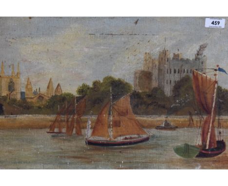 19th Century, British School, oil on canvas, Sailing boats before an architectural backdrop, damage to the canvas, 31cm x 51c