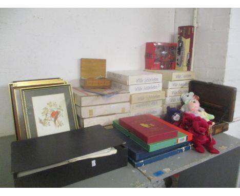 A mixed lot to include boxed collectors plates, Beanie Baby dolls, framed pictures, Corgi, coins, first day covers and other 