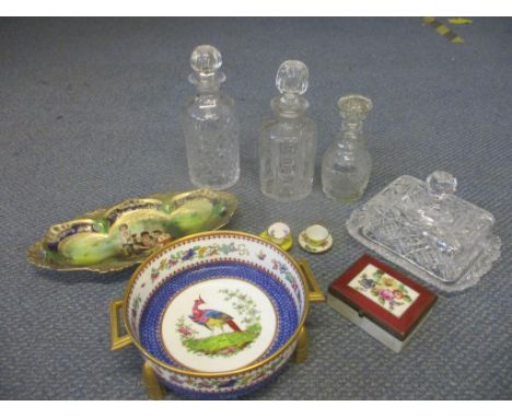 A Spode pedestal centre bowl with an image of an exotic bird to the centre together with continental painted dish, a Limoges 