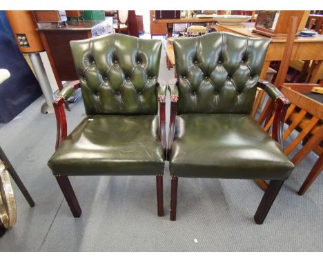 A pair of 20th century Gainsborough style armchairs with green leather button back upholsteryLocation: C 