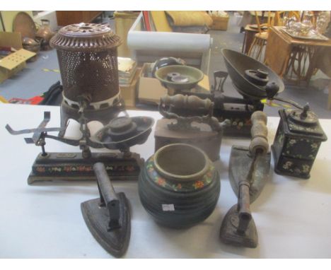 A mixed lot to include Victorian weighing scales, coffee grinder, stove and other items 