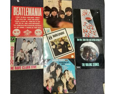 Seven vinyl records to include 'Beatles for Sale' 1st UK Pressing; 'Beatlemania', 'Beatles Greatest Hits', McCartney, Rolling