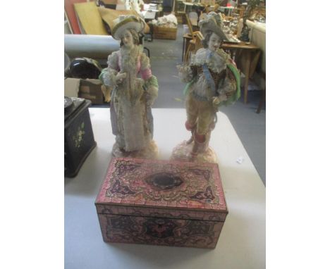 A pair of German 19th century figures together with a decorative inlaid tea caddy 
