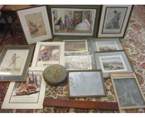 A group of prints to include a pear print, Autocar advertising prints, a John Martin coloured engraving drawn from the Life o