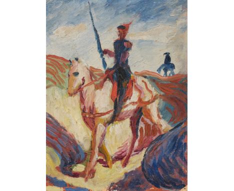 August Macke, Don QuichotteÖl auf Malpappe, auf Karton aufgelegt. 21,8 x 16,5 cm. Gerahmt. Rückseitig auf dem Unterlagekarton