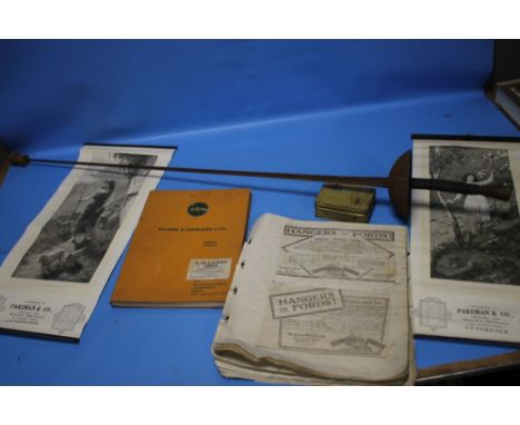 A VINTAGE FENCING FOIL TOGETHER WITH A COLLECTION OF ASSORTED ADVERTISING ITEMS, to include a "Clark &amp; Howard Ltd Small T