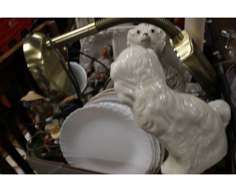 A TRAY OF SUNDRIES AND CERAMICS TO INCLUDE A READING LAMP, TWO STAFFORDSHIRE STYLE SPANIELS ETC.