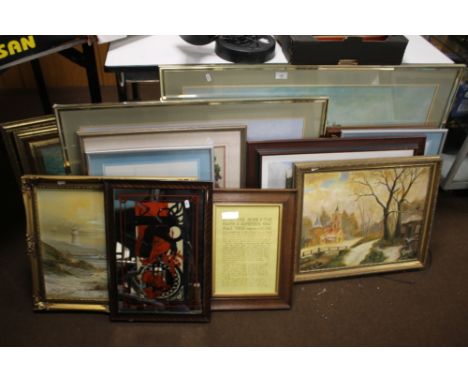A QUANTITY OF PICTURES AND PRINTS TO INCLUDE A PRINT OF WOLVERHAMPTON MARKET, TWO OILS ON BOARD LANDSCAPE PAINTINGS TOGETHER 
