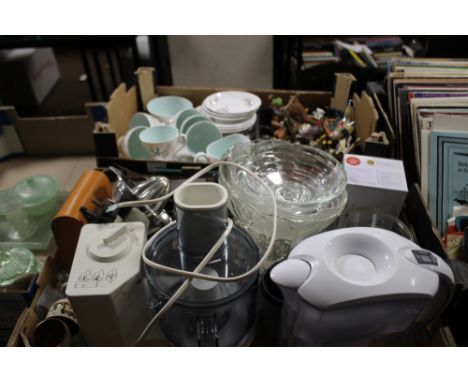 TWO TRAYS OF SUNDRIES AND CERAMICS TO INCLUDE A FOOD PROCESSOR, CERAMIC BIRD ORNAMENTS ETC.